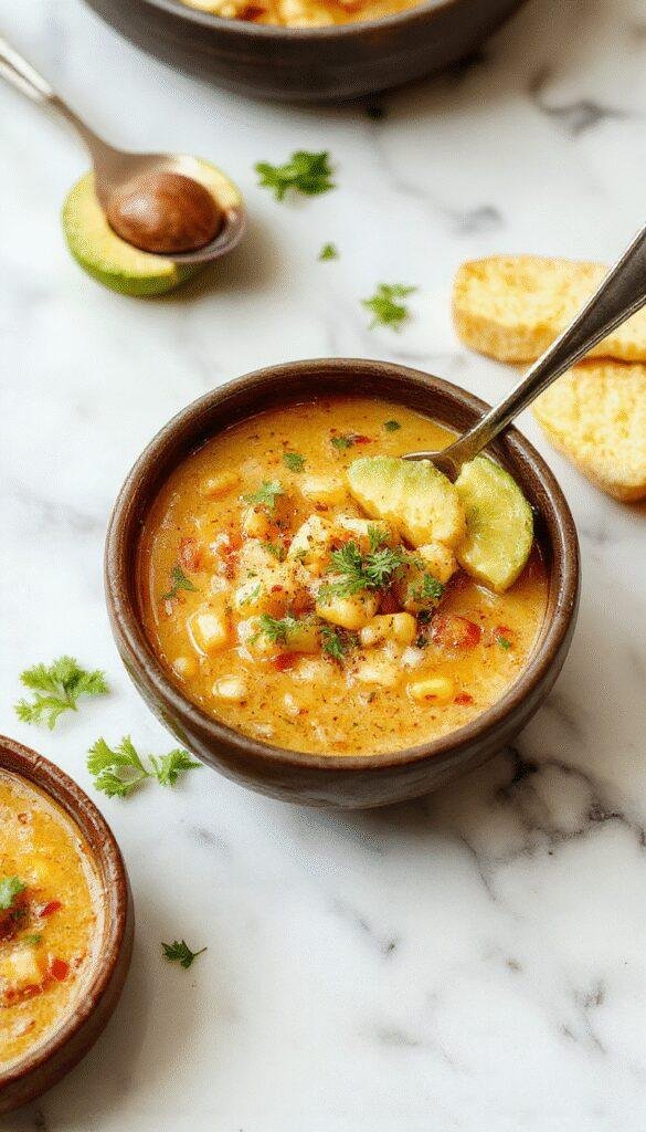 A bowl of creamy Mexican street corn soup garnished with cilantro, cheese, and chili powder, served in a rustic bowl.