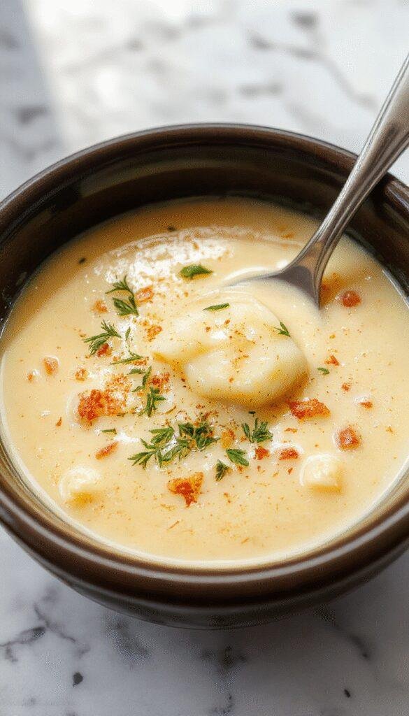 A cozy bowl of creamy cheddar potato soup garnished with chopped chives and a dollop of sour cream, with a slow cooker in the background.