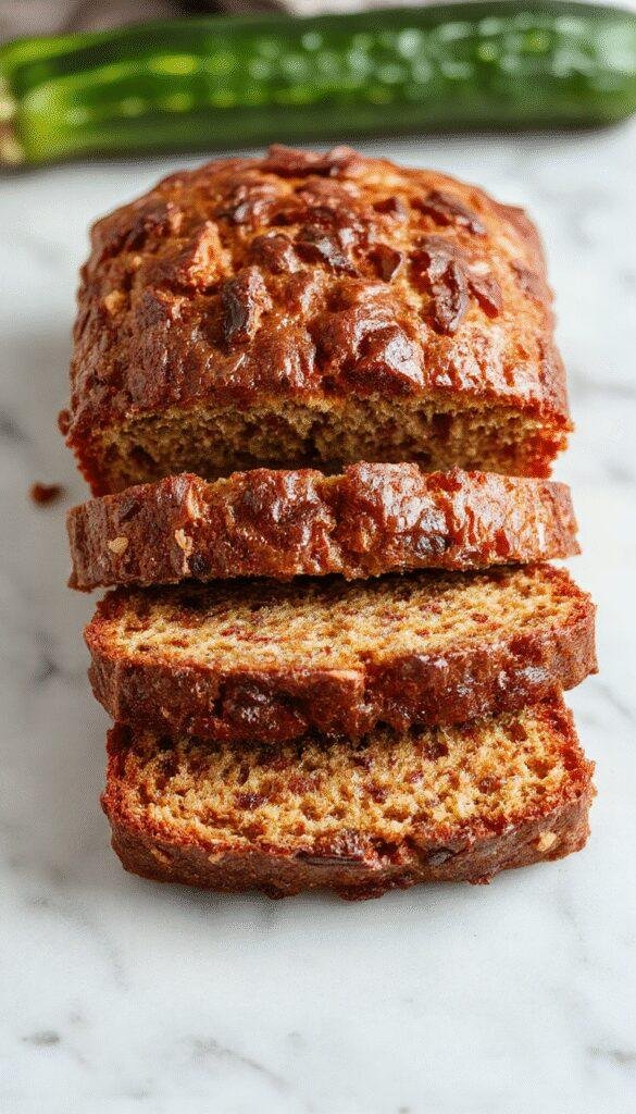 A sliced zucchini bread loaf with a golden crust on a wooden cutting board, showing moist, tender interior with visible zucchini pieces.