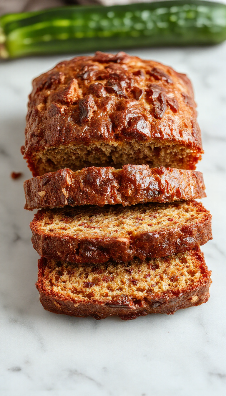A sliced zucchini bread loaf with a golden crust on a wooden cutting board, showing moist, tender interior with visible zucchini pieces.