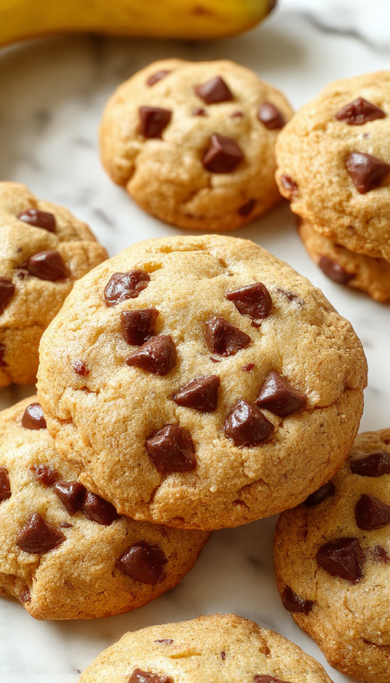 A plate of Soft & Chewy Chocolate Chip Banana Cookies fresh out of the oven, showcasing their golden-brown edges and gooey chocolate chips.