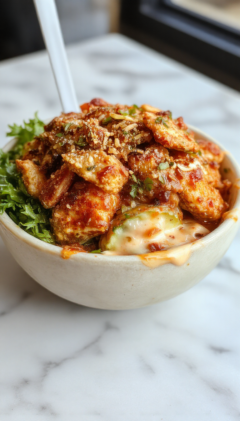 Colorful Bang Bang Chicken Bowl featuring tender sliced chicken coated in spicy sauce, topped with crunchy vegetables and sesame seeds, arranged on a vibrant white plate with fresh greens and garnished with green onions. The bowl showcases a mix of creamy, crispy, and saucy textures with bright red, green, and golden hues.