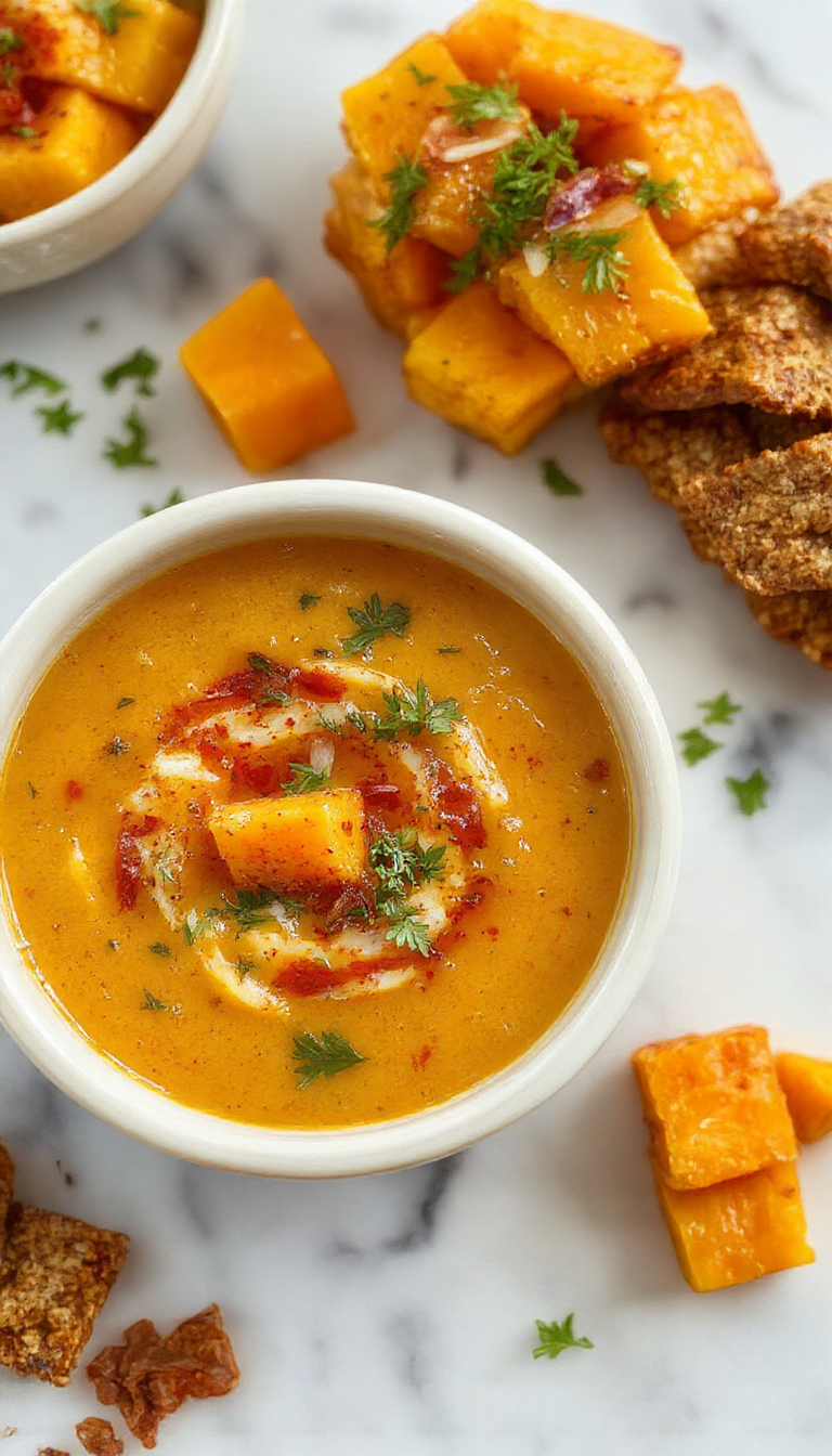 A vibrant bowl of spicy butternut squash and sweet potato soup topped with fresh herbs and a swirl of coconut cream. The soup has a smooth, velvety texture with warm orange hues, served in a rustic bowl on a wooden table, garnished with chili flakes and a sprig of parsley, evoking comfort and warmth.