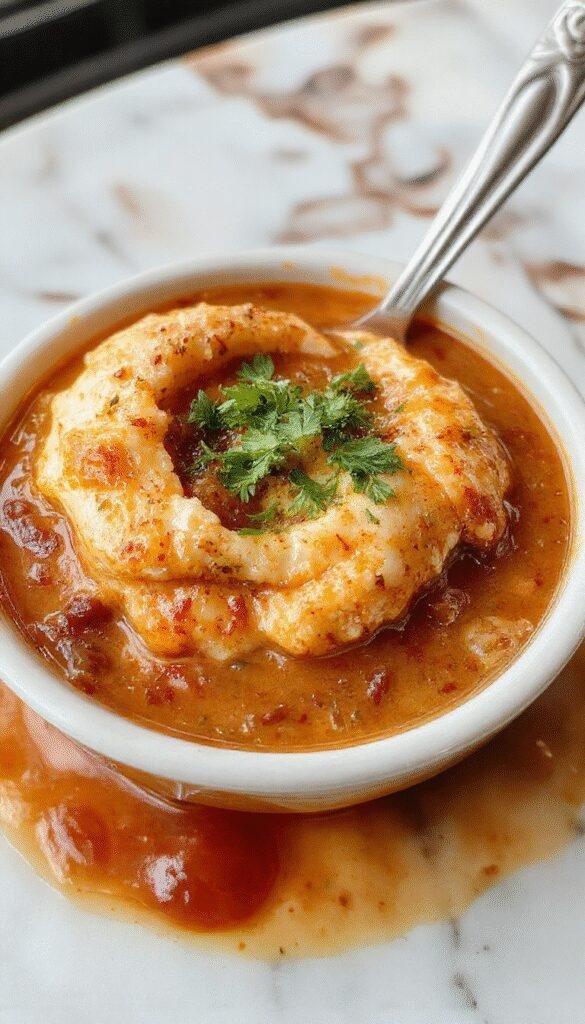 A vibrant bowl of Chile Relleno Soup featuring bright red roasted poblano peppers, melted cheese, and creamy broth garnished with fresh cilantro and drizzled with chili oil. The soup is served in a rustic white bowl on a wooden table, with slices of toasted bread on the side. The colorful ingredients emphasize a rich, flavorful, and inviting presentation with textures of smooth broth, tender peppers, and melted cheese.