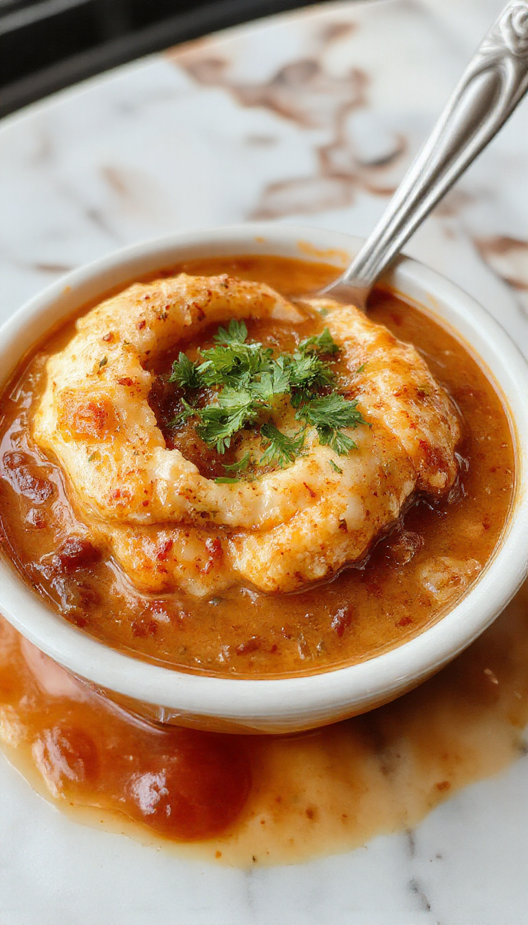 A vibrant bowl of Chile Relleno Soup featuring bright red roasted poblano peppers, melted cheese, and creamy broth garnished with fresh cilantro and drizzled with chili oil. The soup is served in a rustic white bowl on a wooden table, with slices of toasted bread on the side. The colorful ingredients emphasize a rich, flavorful, and inviting presentation with textures of smooth broth, tender peppers, and melted cheese.