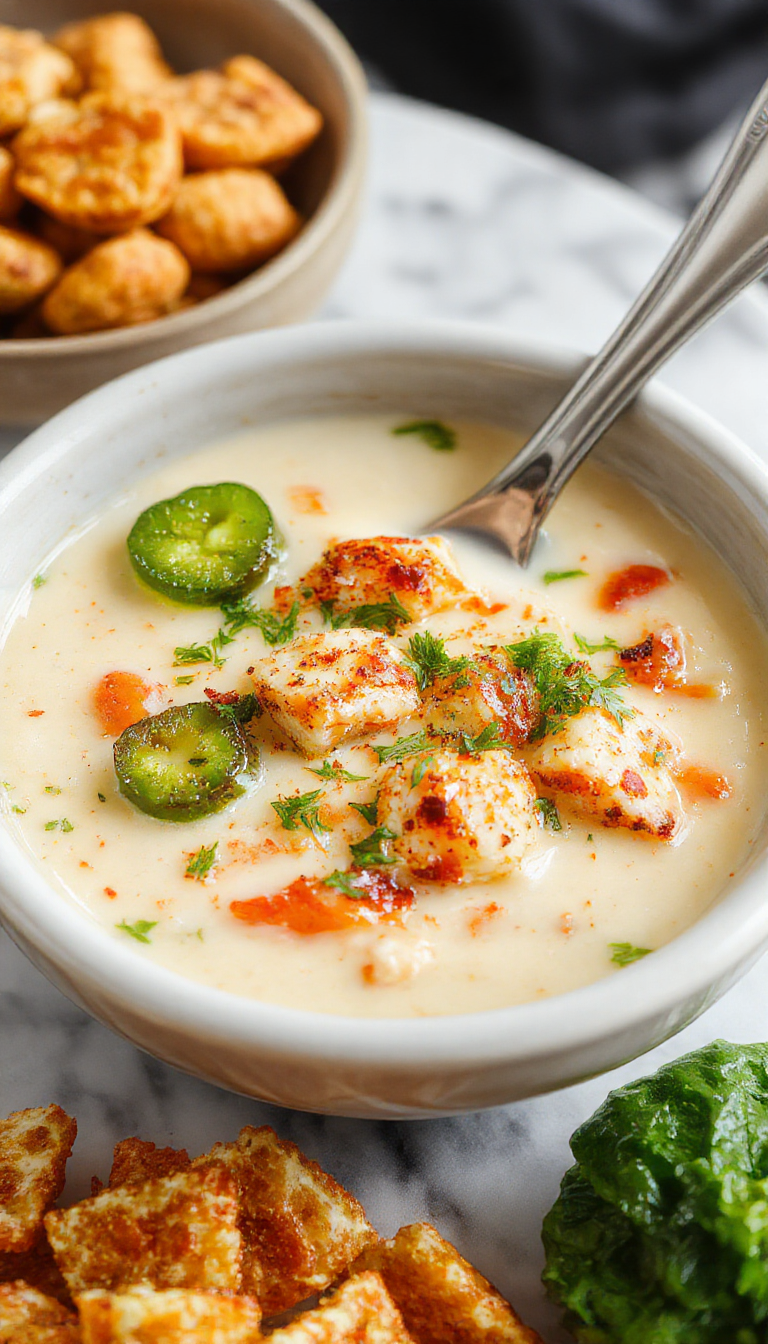 A vibrant bowl of jalapeno popper soup showcasing a creamy texture topped with melted cheese, fresh chopped jalapenos, and crispy bacon bits on a rustic wooden table with garnishes of cilantro and sliced jalapenos, styled invitingly with a spoon ready to serve.