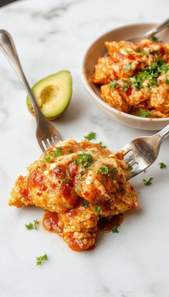 A vibrant skillet filled with golden-brown chicken pieces topped with melted cheese, colorful bell peppers, black beans, and corn. The dish is garnished with fresh cilantro and slices of lime, presenting a spicy, cheesy, and fresh appearance on a rustic wooden table.