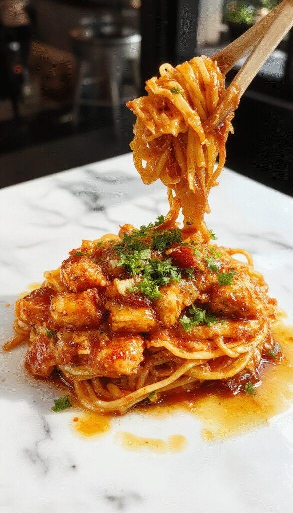 A vibrant plate of sticky garlic chicken noodles featuring glossy golden noodles topped with tender chicken pieces, garnished with chopped green onions and sesame seeds, served on a rustic white plate with a drizzle of garlic sauce, set against a wooden table backdrop with fresh herbs and chili flakes for decoration.