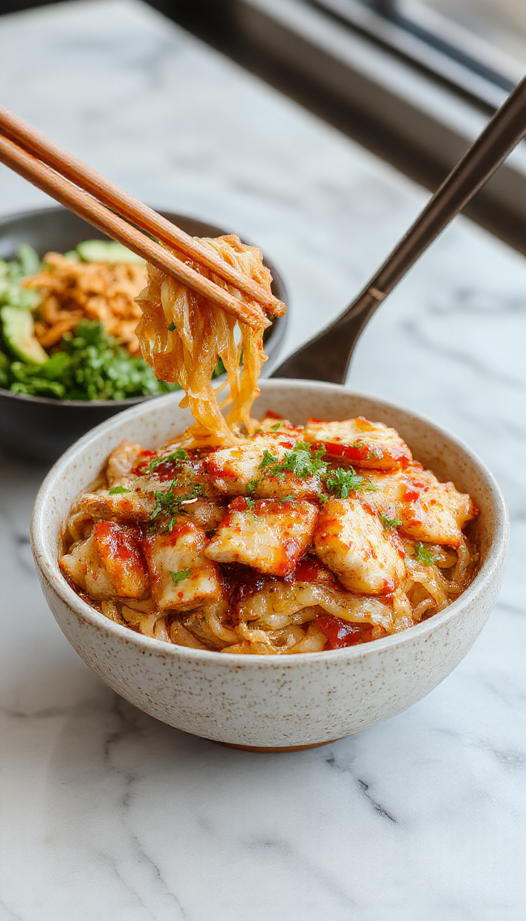 A vibrant plate of sticky garlic chicken noodles featuring tender chicken chunks coated in glossy garlic sauce, garnished with green scallions and sesame seeds, served on a rustic wooden table with chopsticks and fresh herbs in the background