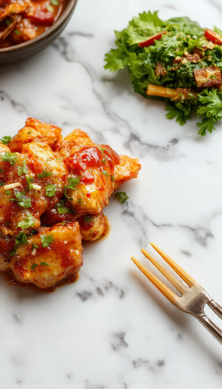 A vibrant plate of Sweet Chili Chicken garnished with fresh herbs, served with steamed vegetables and rice, showcasing a glossy, spicy glaze.