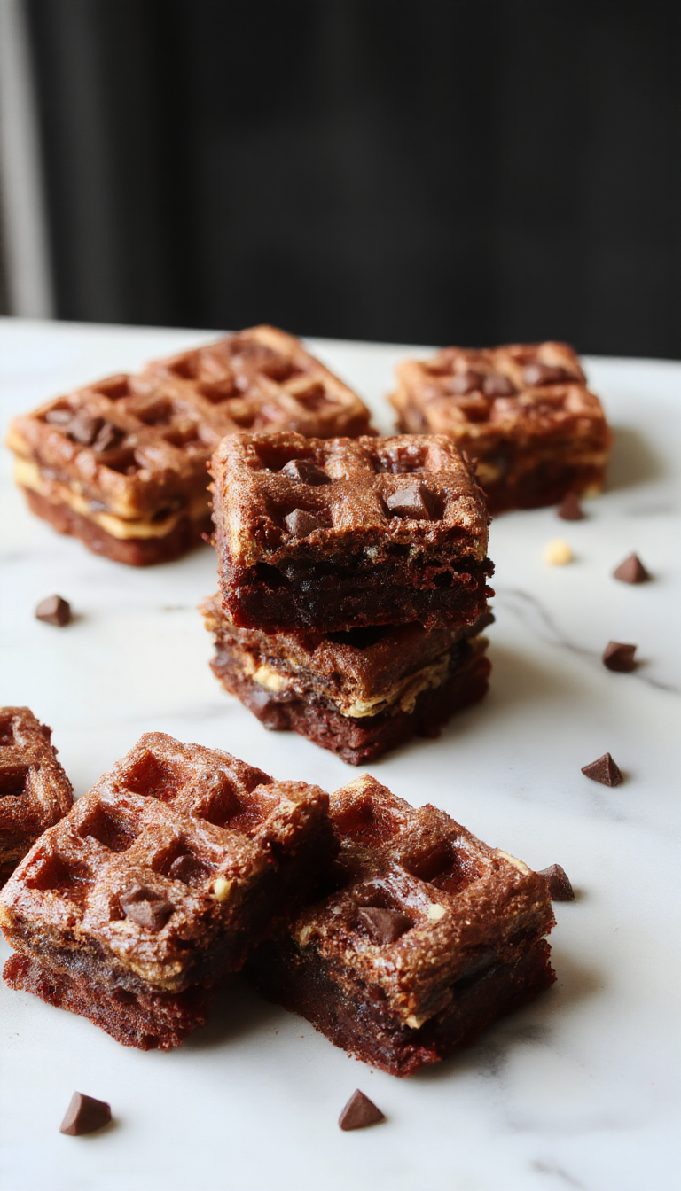A close-up of rich, fudgy waffles shaped like brownies, topped with a dusting of powdered sugar and a drizzle of chocolate sauce on a rustic plate.