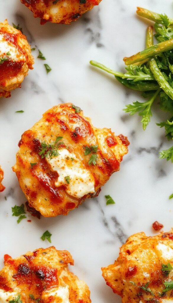 A plate of Sweet & Spicy Feta Chicken garnished with fresh herbs, served with colorful vegetables on a rustic wooden table.