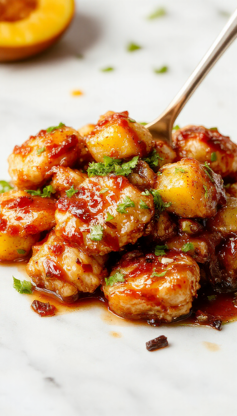 A vibrant plate featuring succulent chunks of golden toasted chicken glazed with a glossy, caramelized brown sugar and pineapple sauce. The dish is garnished with fresh pineapple slices and green herbs on a rustic white plate, styled with a colorful backdrop and drizzled sauce for a mouthwatering appeal.