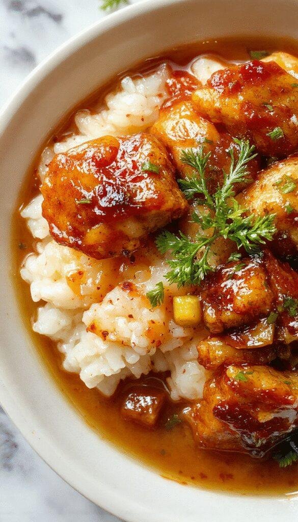A vibrant plate featuring caramelised soy chicken glazed with a glossy sauce, served atop fluffy rice in a rustic bowl. The chicken is garnished with freshly sliced ginger and chopped scallions, with a side of aromatic garlic broth in the background. The dish is beautifully plated with contrasting colors of golden-brown chicken, white rice, and green herbs, all styled elegantly for a comforting meal.