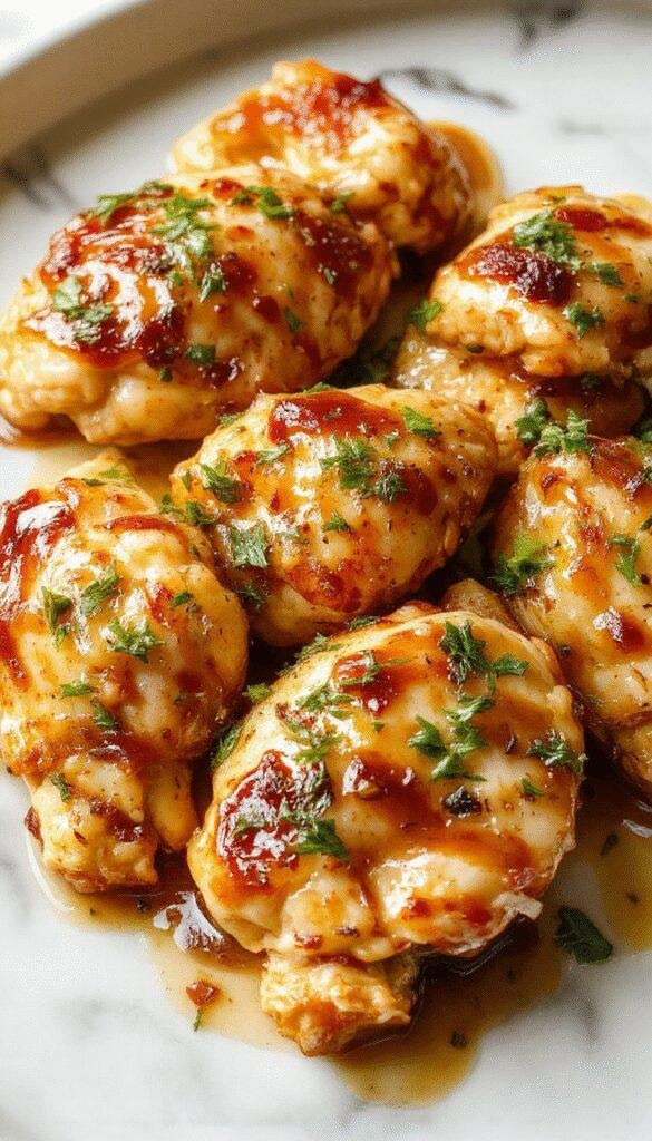 A close-up of perfectly cooked chicken thighs glazed with shiny honey garlic sauce, garnished with fresh herbs, served on a stylish plate with vibrant vegetables in the background, showcasing crispy skin and tender meat.