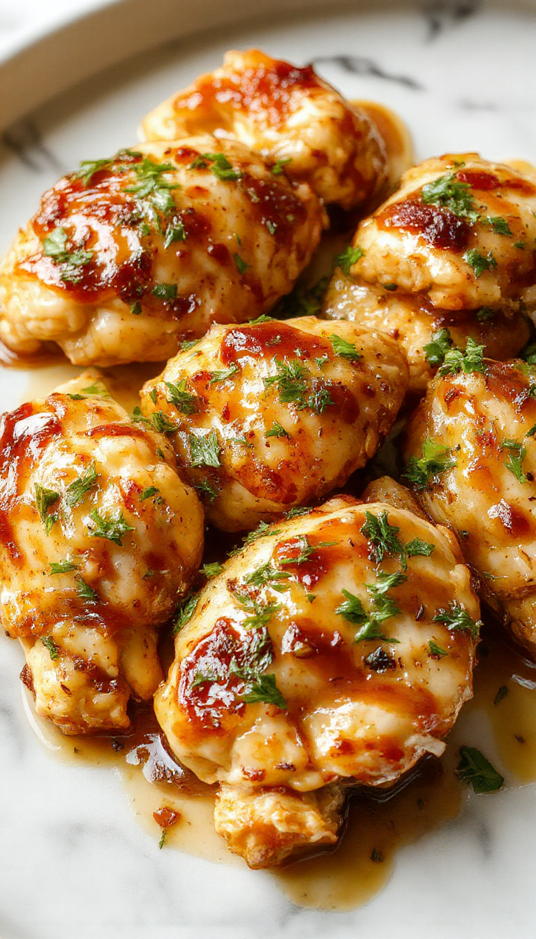 A close-up of perfectly cooked chicken thighs glazed with shiny honey garlic sauce, garnished with fresh herbs, served on a stylish plate with vibrant vegetables in the background, showcasing crispy skin and tender meat.