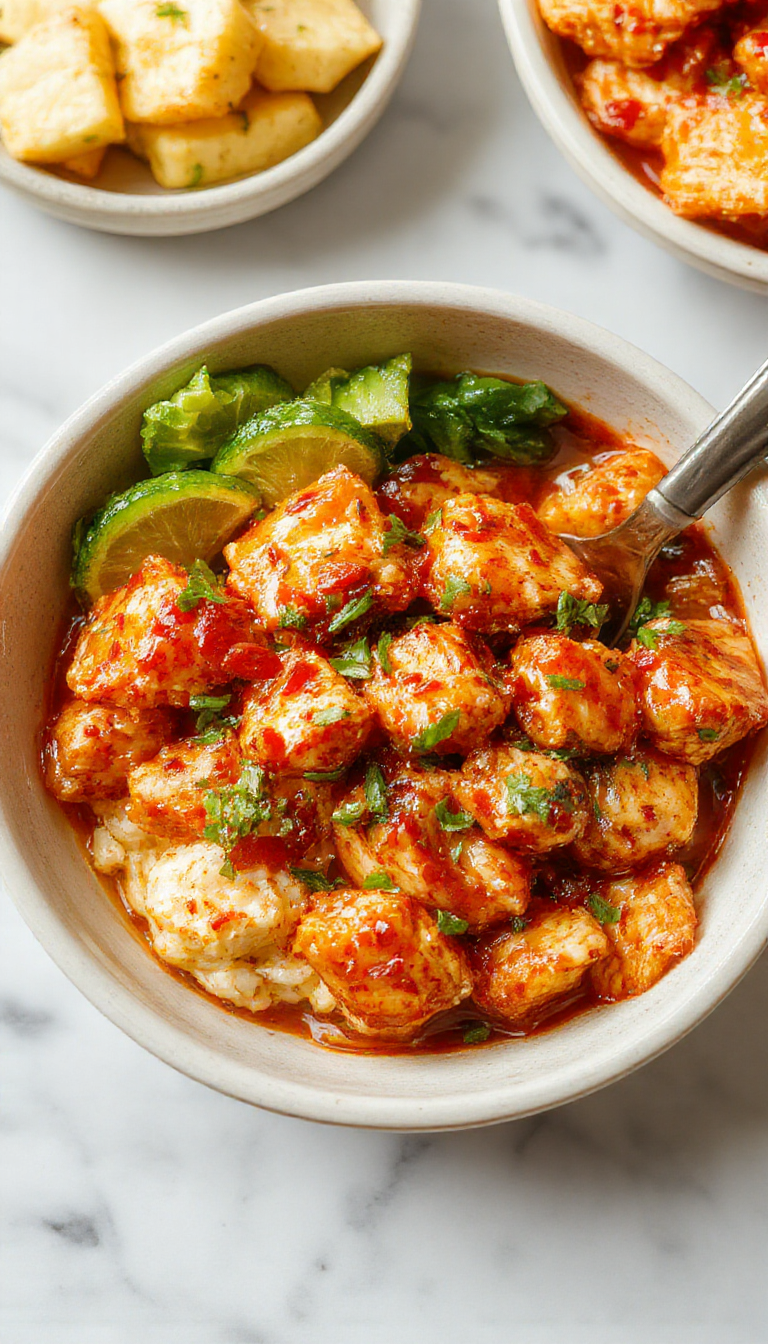 A vibrant plate of hot honey chicken bowl featuring crispy golden chicken coated in glossy, spicy honey sauce, topped with green herbs and sesame seeds, served alongside colorful vegetables and rice, styled for an appetizing presentation with a modern, fresh look.