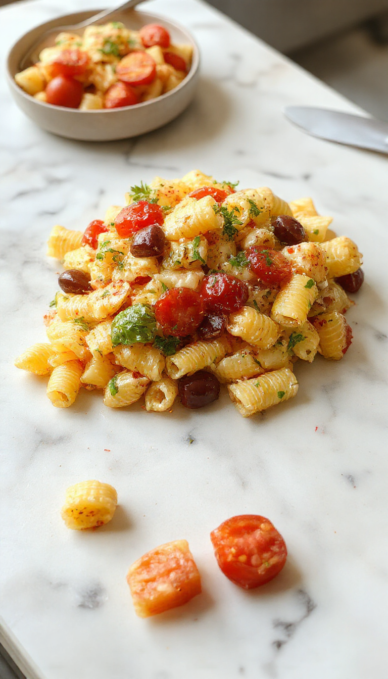 Colorful potluck pasta salad in a large bowl with vegetables and herbs, ready to serve at a gathering.