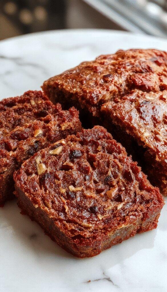 A slice of high-protein banana bread on a rustic wooden plate, garnished with walnuts and a drizzle of honey, with ripe bananas in the background.