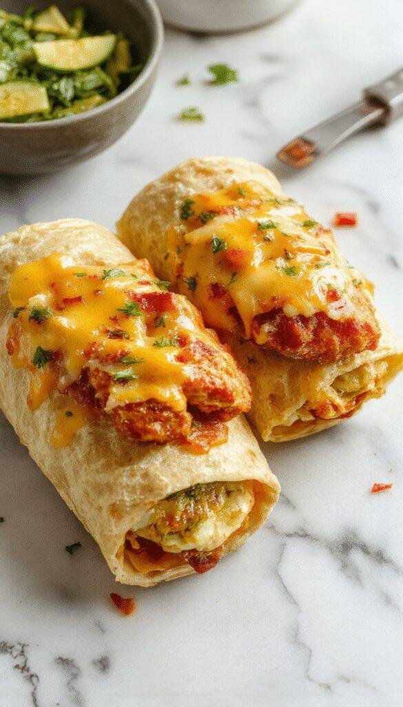 A plate of cheesy chicken wraps wrapped in warm tortillas, filled with melted cheese, crispy lettuce, and tender chicken slices, perfect for cozy dinner.