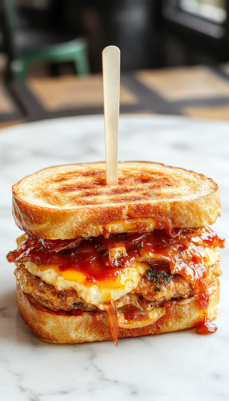 A hearty breakfast sandwich with crispy bacon, scrambled eggs, melted cheese, and toasted bread all stacked together on a plate.