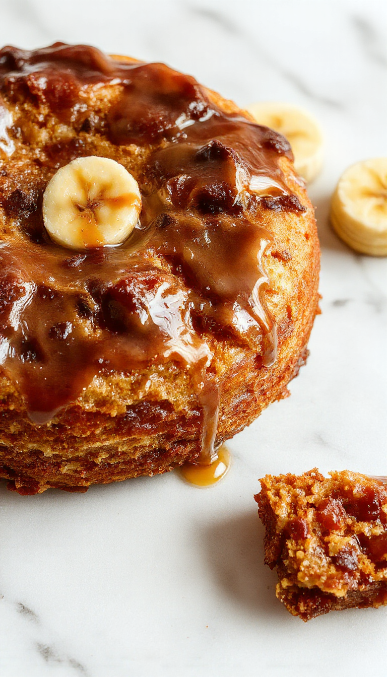 A slice of the most delicious banana cake topped with whipped cream and sliced bananas on a rustic wooden plate.