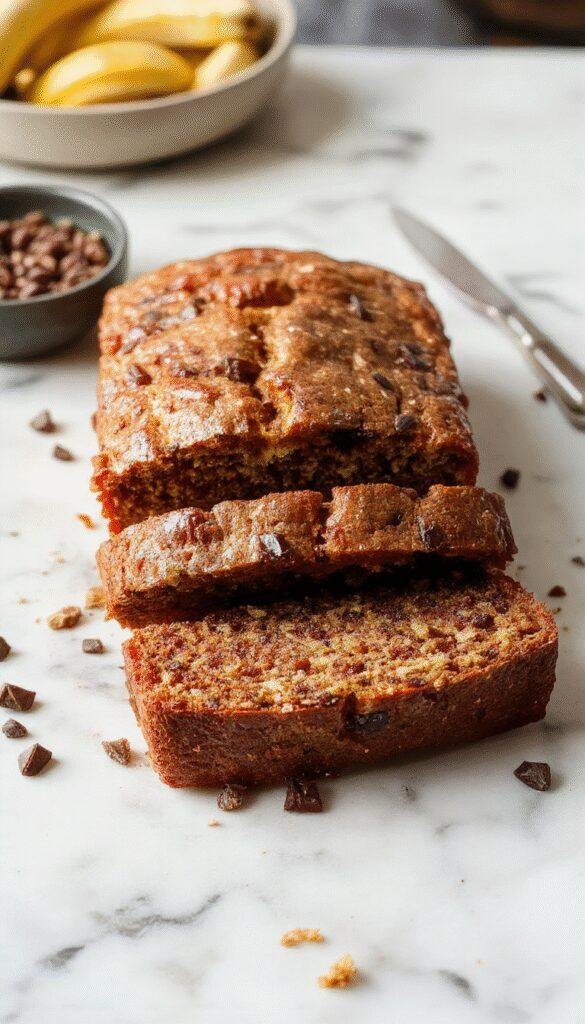 Golden slices of homemade banana bread with a moist crumb and a hint of banana aroma on a rustic wooden table.