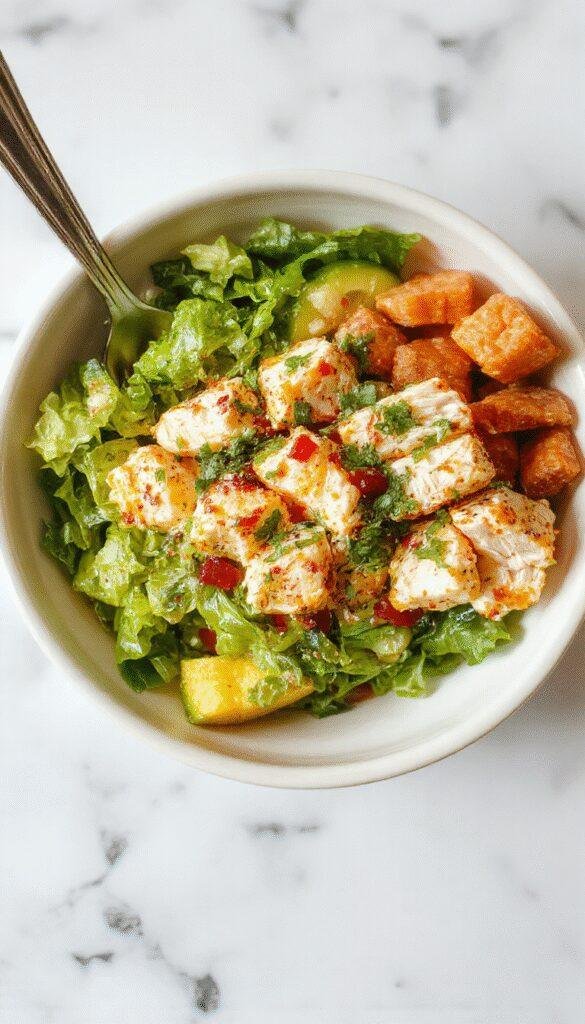 A colorful Southwest Chicken Salad Bowl with grilled chicken, corn, black beans, cherry tomatoes, avocado slices, and a lime dressing, served in a bowl with fresh greens.