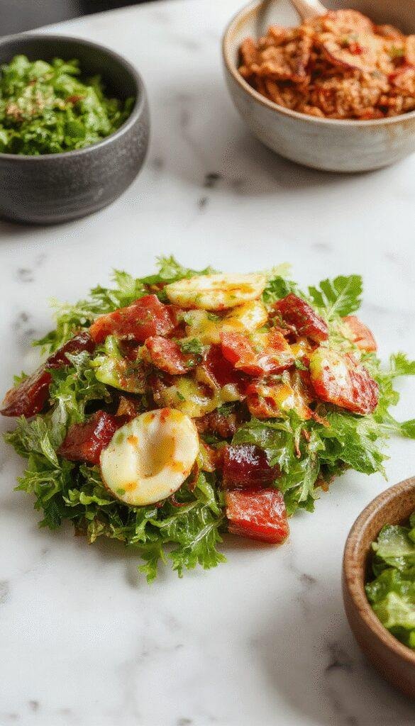 A vibrant summer salad featuring mixed greens, cherry tomatoes, cucumber slices, and edible flowers drizzled with champagne vinaigrette.