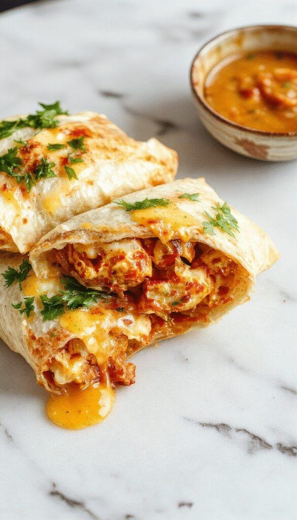 A close-up of crispy chicken wraps filled with melted cheese, garlic sauce, and fresh herbs, sliced to reveal gooey cheese and savory fillings.