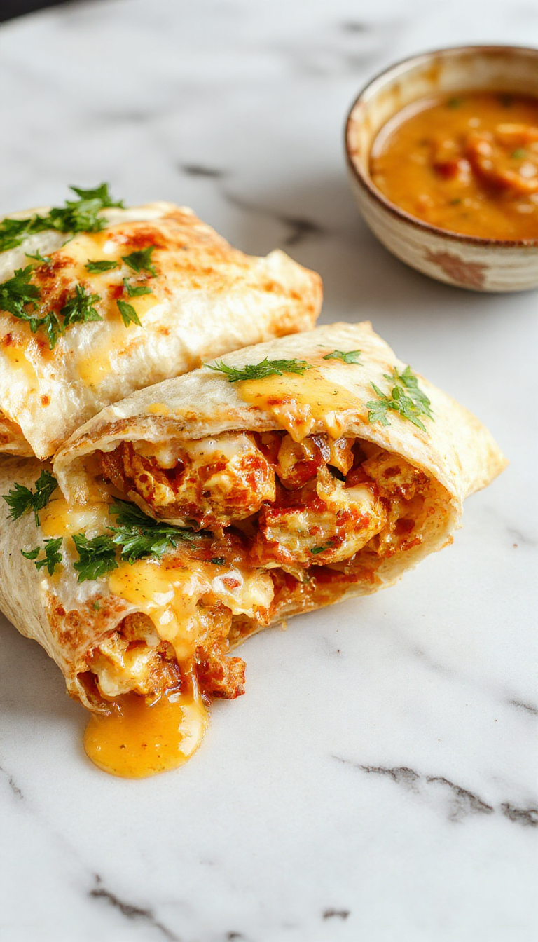 A close-up of crispy chicken wraps filled with melted cheese, garlic sauce, and fresh herbs, sliced to reveal gooey cheese and savory fillings.