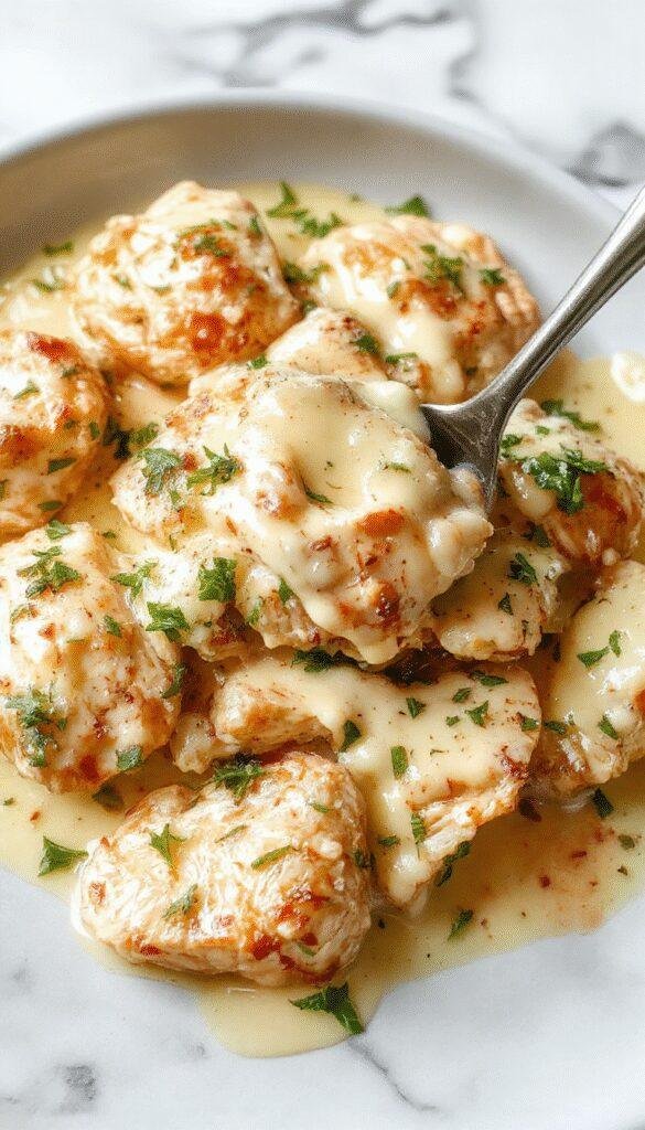 A plate of creamy chicken Alfredo pasta garnished with parsley and grated Parmesan cheese, steaming and inviting.