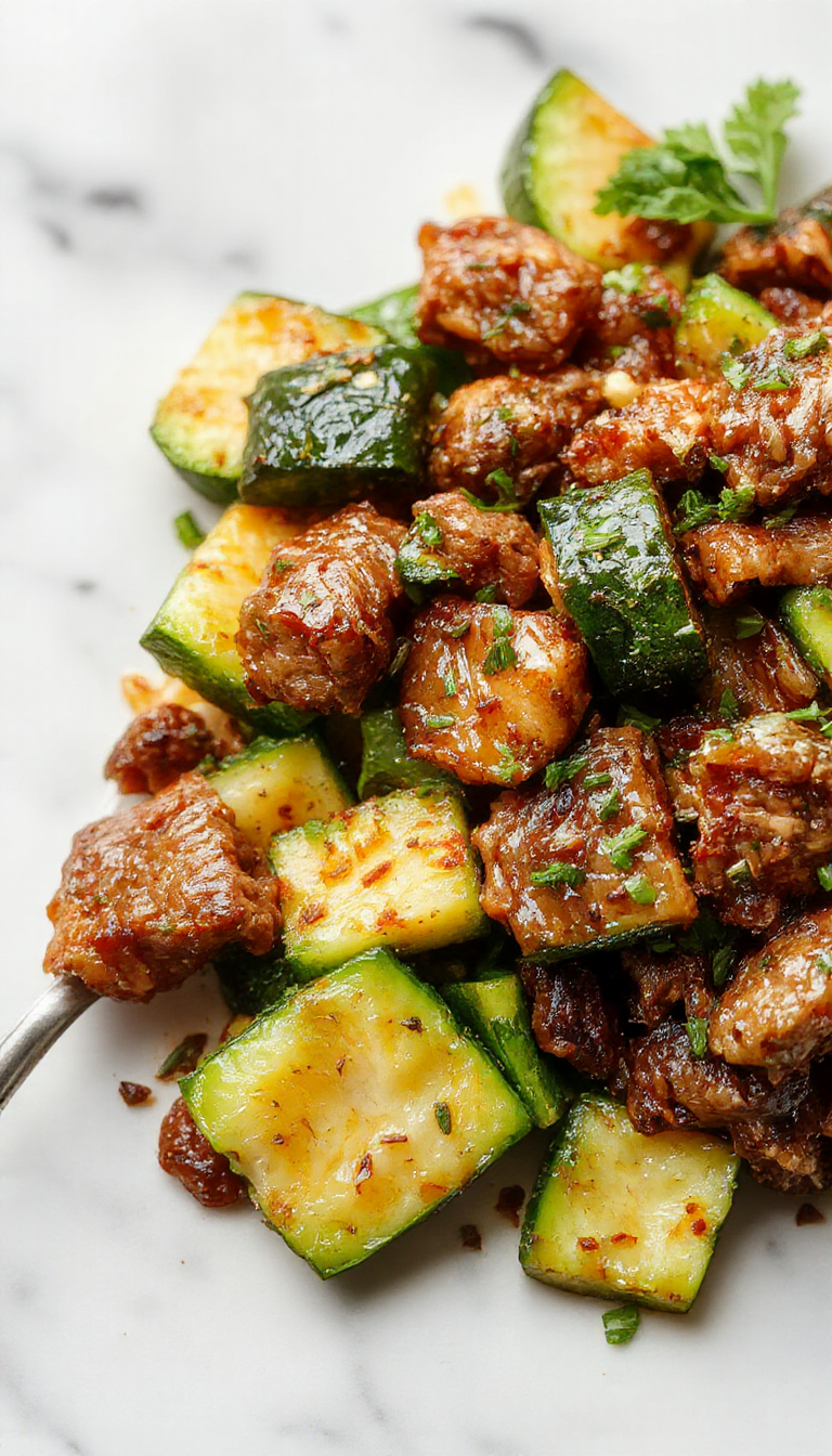 A colorful plate of zucchini beef stir-fry with tender slices of beef, vibrant zucchini, bell peppers, and a glossy savory sauce garnished with sesame seeds.