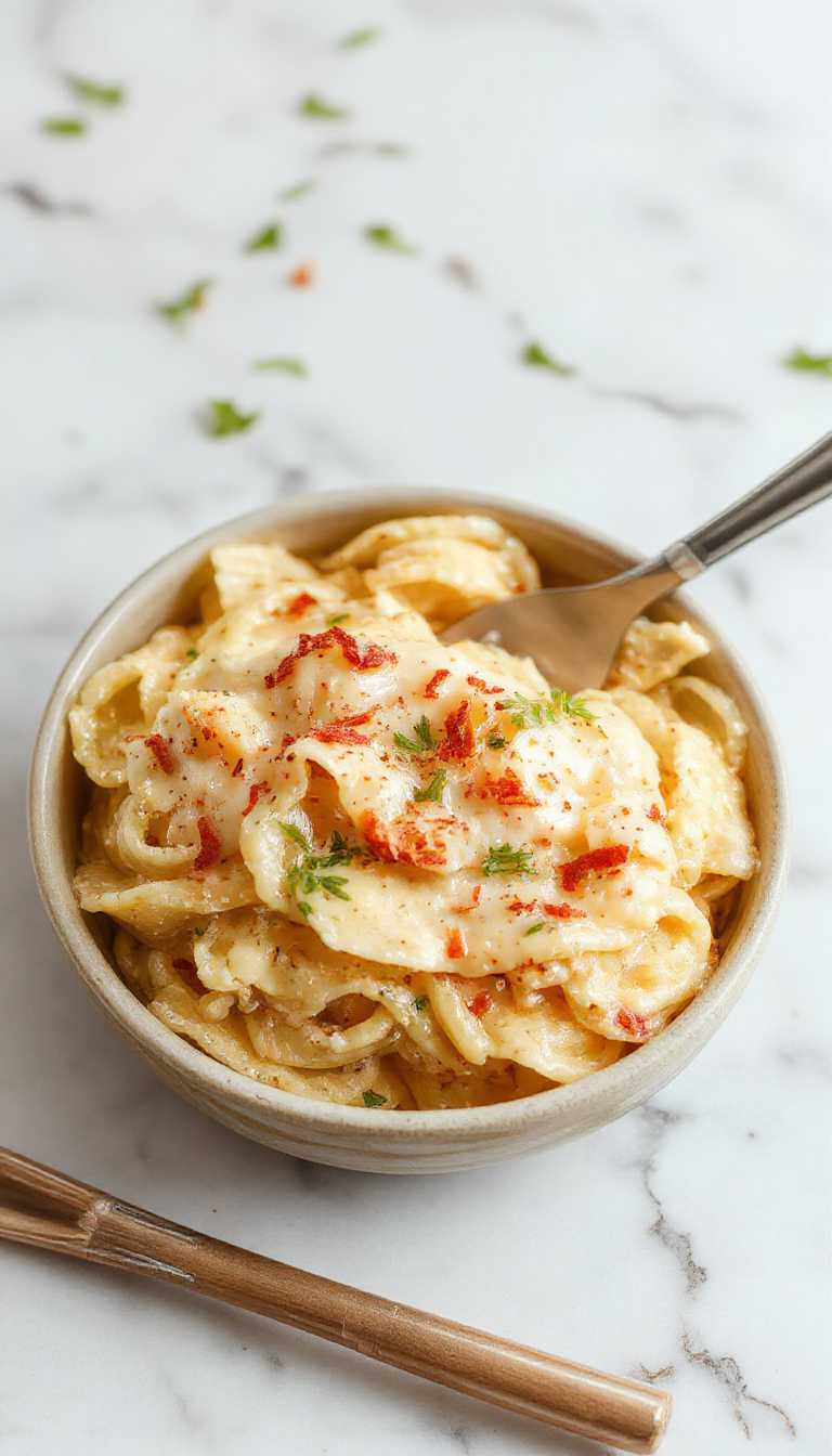 A plate of creamy pasta topped with fresh herbs, showcasing a rich and luscious sauce in a modern, inviting setting.