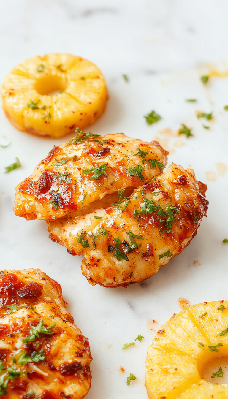 A vibrant plate of Tropical Temptation Pineapple Chicken featuring crispy chicken pieces glazed with sweet and savory pineapple sauce, garnished with pineapple slices and fresh herbs.