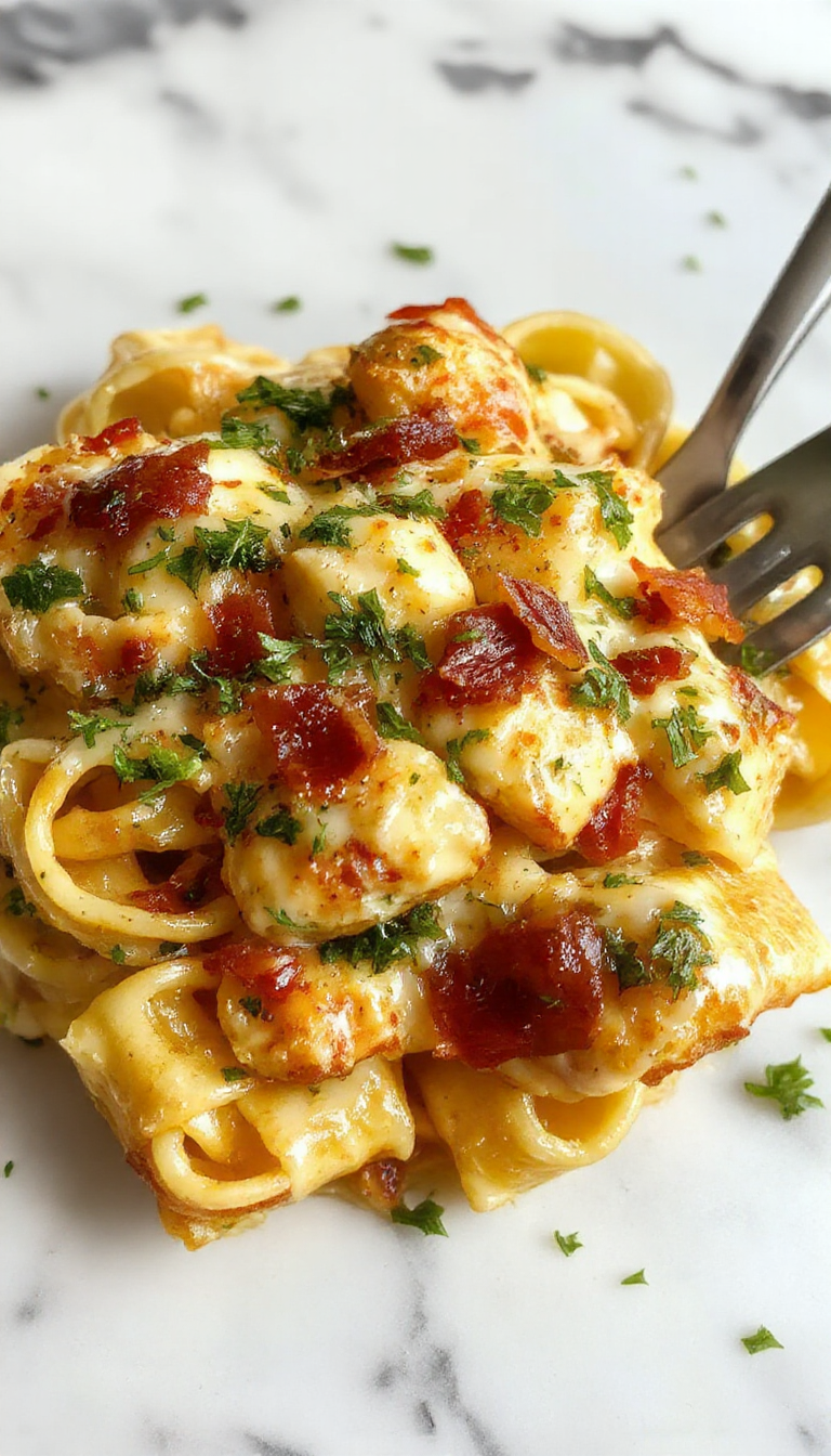 A plate of creamy chicken bacon ranch pasta garnished with fresh herbs, showcasing tender chicken, crispy bacon, and rich sauce.