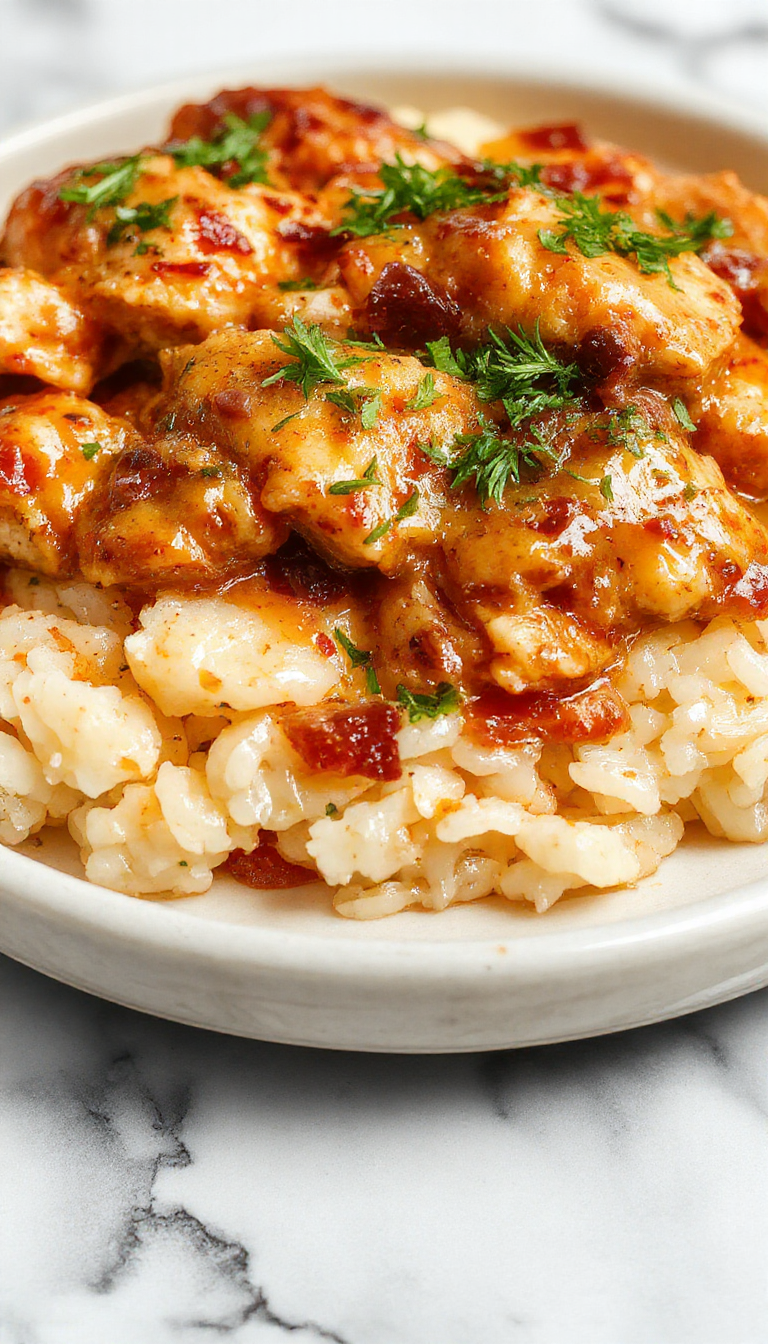 A vibrant plate featuring tender, golden-brown chicken smothered in a rich gravy, nestled atop fluffy white rice, garnished with chopped herbs, set on a rustic wooden table with steamed vegetables on the side.