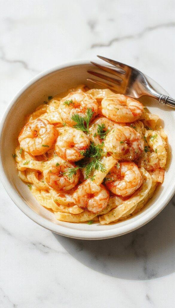 A plate of creamy garlic shrimp pasta garnished with fresh herbs and lemon slices, showcasing tender shrimp and rich sauce.