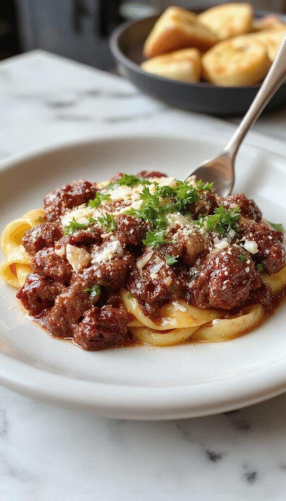 A luxurious plate of Velvet Beef Rigatoni pasta garnished with fresh herbs, showcasing creamy beef sauce and perfectly cooked rigatoni.