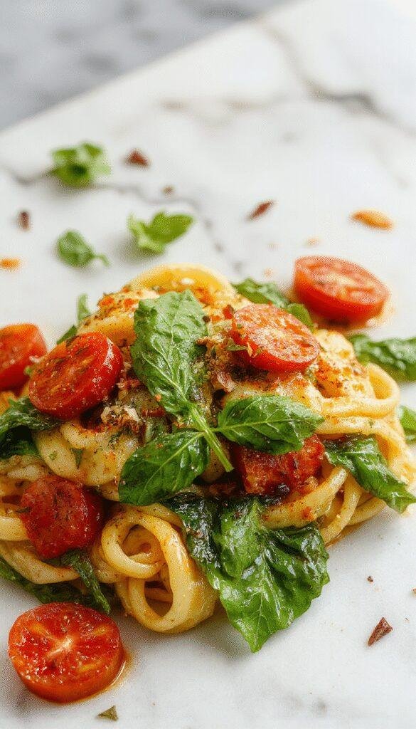 A colorful plate of spinach tomato pasta featuring fresh green spinach leaves, ripe red cherry tomatoes, and al dente pasta topped with grated cheese, styled on a rustic wooden table with a fork and basil garnish.