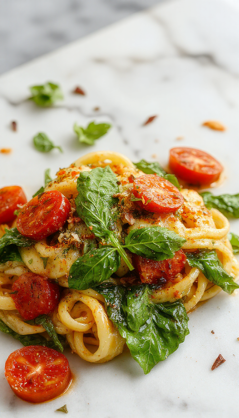 A colorful plate of spinach tomato pasta featuring fresh green spinach leaves, ripe red cherry tomatoes, and al dente pasta topped with grated cheese, styled on a rustic wooden table with a fork and basil garnish.