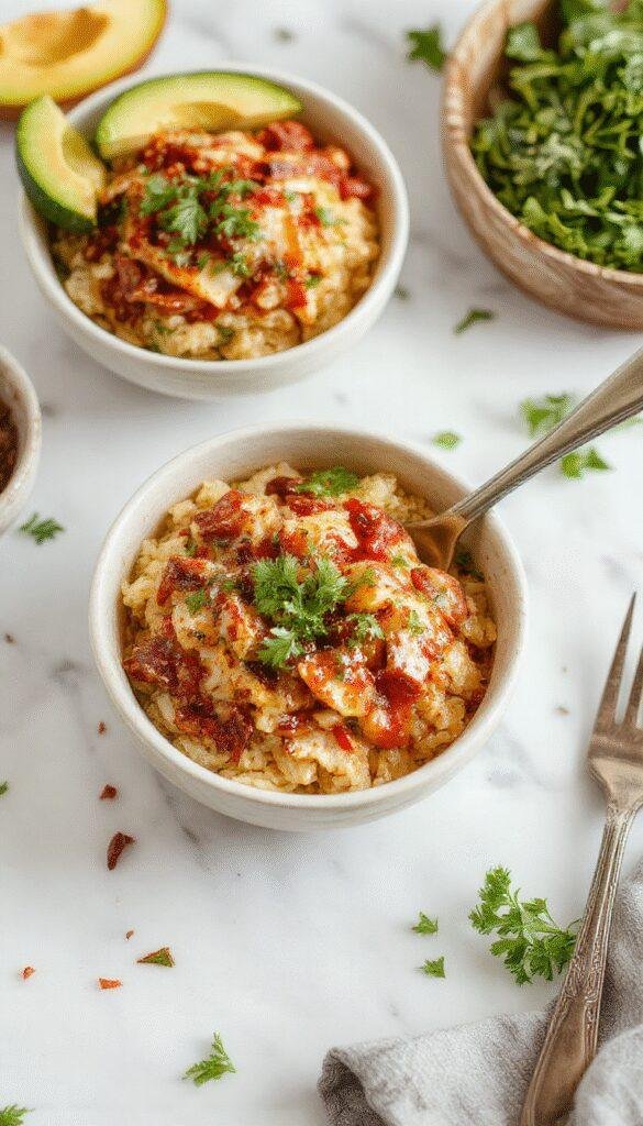 Colorful taco rice bowl with seasoned ground beef, fresh vegetables, shredded cheese, and a dollop of sour cream served in a bowl