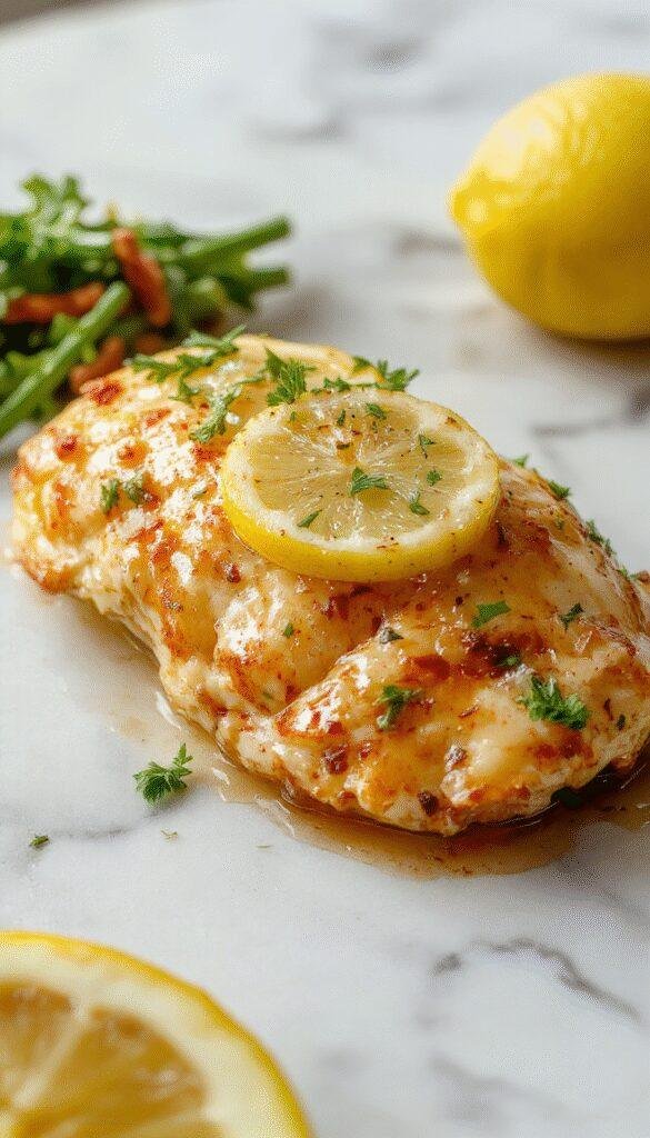 A vibrant plate of lemon chicken romano featuring golden-brown chicken breasts topped with fresh lemon slices, sprinkled with chopped parsley, served on a white plate with a side of roasted vegetables and drizzled with lemon sauce, garnished with lemon wedges and herbs, styled elegantly with a rustic wooden background.