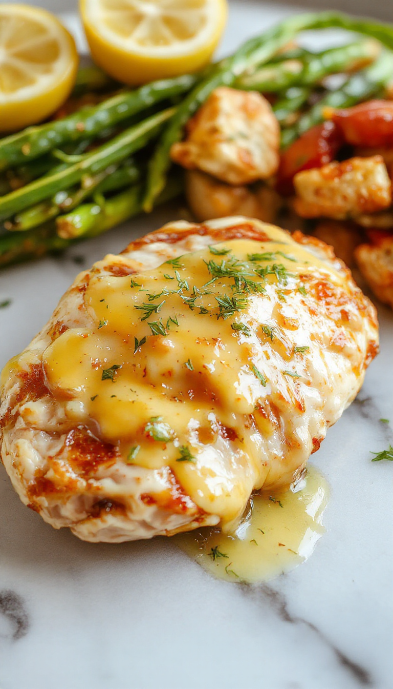 Vibrant lemon chicken served on a pristine white plate, topped with fresh lemon slices and a drizzle of glossy lemon butter sauce, garnished with chopped parsley, with a textured background of colorful vegetables and a rustic wooden table