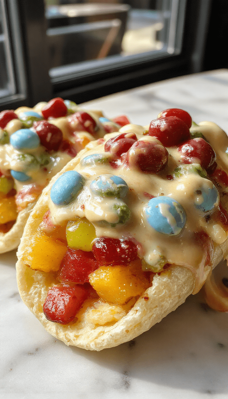 Colorful cheesecake tacos topped with vibrant Fruity Pebbles cereal, drizzled with sweet sauce, arranged on a rustic plate with fresh fruit garnish, bright and inviting