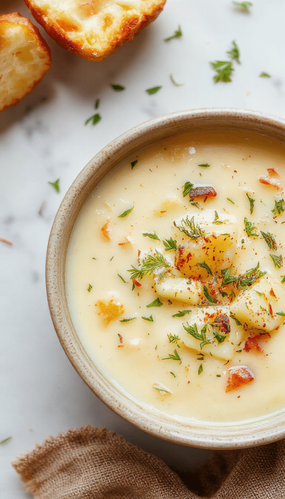A creamy bowl of cheddar garlic herb potato soup garnished with chopped herbs and grated cheese, served in a rustic white bowl on a wooden table with slices of toasted bread on the side, warm lighting emphasizes the rich textures and vibrant green herbs, creating an inviting and cozy culinary scene.