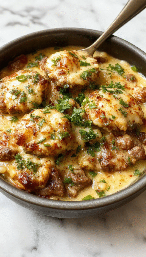 A vibrant skillet filled with creamy orzo pasta topped with melted cheese, crumbled ground beef, fresh chopped pickles, and diced tomatoes, all arranged on a rustic wooden table with a sprinkle of fresh herbs, showcasing a hearty and colorful cheeseburger-inspired meal.