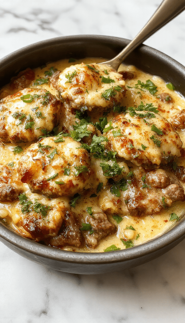 A vibrant skillet filled with creamy orzo pasta topped with melted cheese, crumbled ground beef, fresh chopped pickles, and diced tomatoes, all arranged on a rustic wooden table with a sprinkle of fresh herbs, showcasing a hearty and colorful cheeseburger-inspired meal.