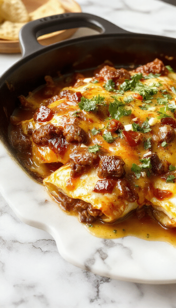 A vibrant dish featuring golden-brown cheesy ground beef enchiladas arranged on a white oval plate, topped with melted cheese, garnished with fresh cilantro, with a side of Mexican rice and colorful salsa in the background.