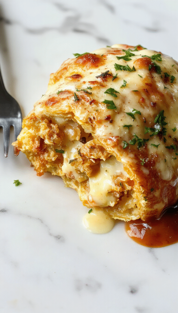 A golden-brown stromboli sliced open revealing melty cheese, tender chicken slices, and ham layers, garnished with fresh herbs on a rustic wooden board